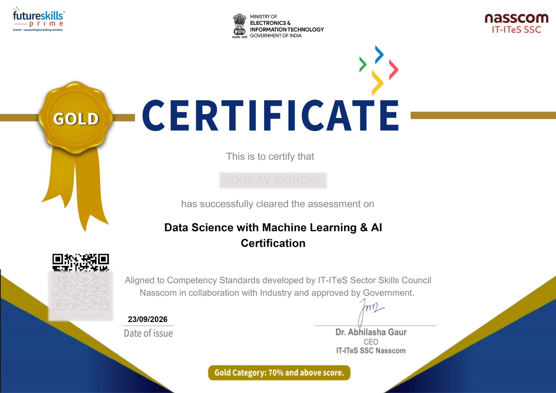NASSCOM Data Science certification certificate